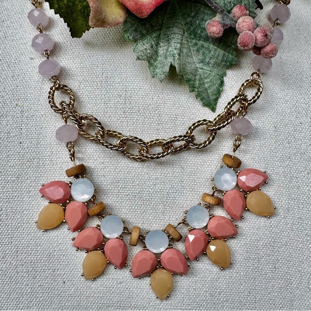 Vintage Statement Chain and Bib Necklace with Pink Cream White Faceted Stones